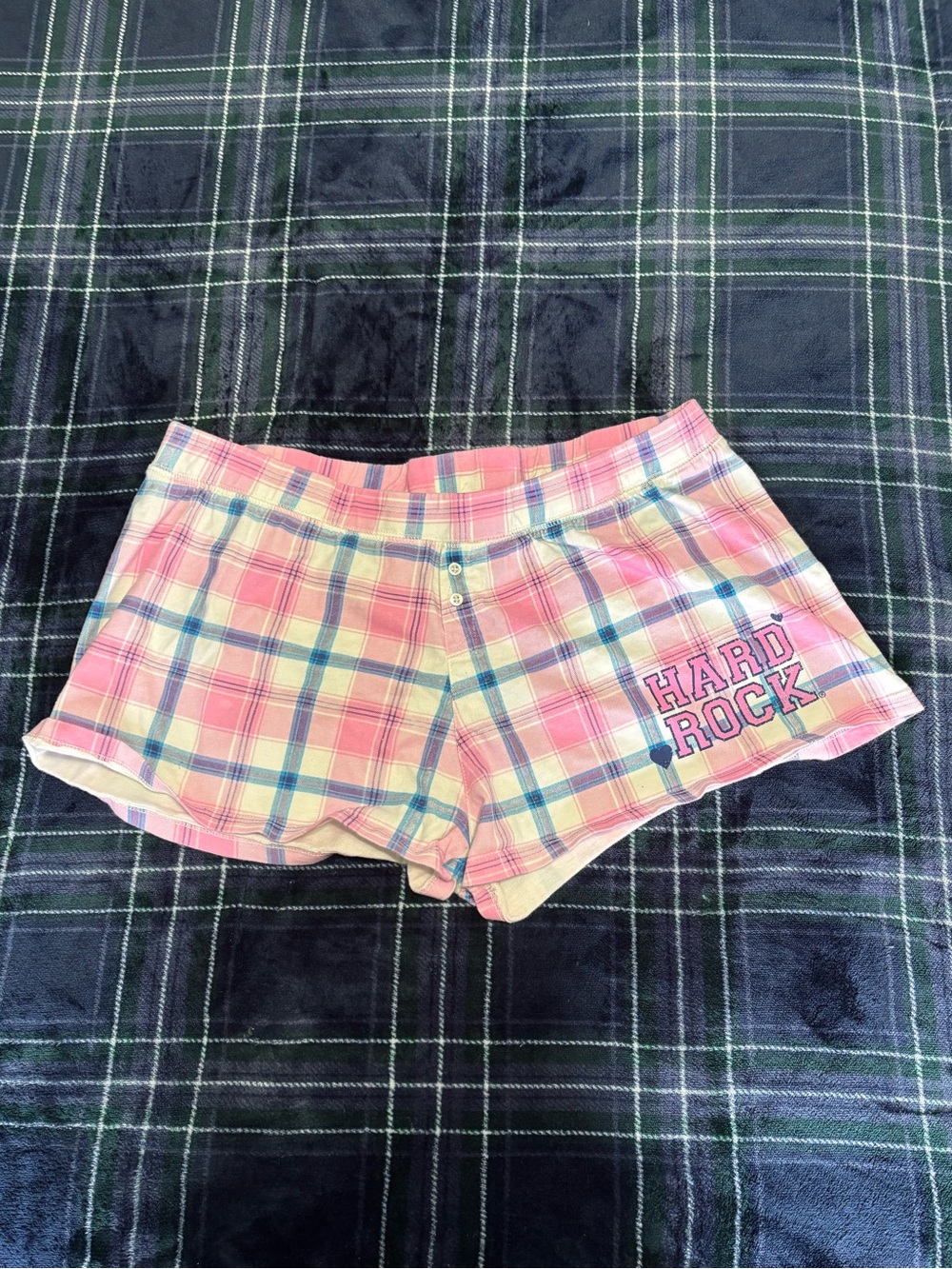 Hard Rock Cafe pink/blue/white plaid boxer style pj shorts. Size xxl.